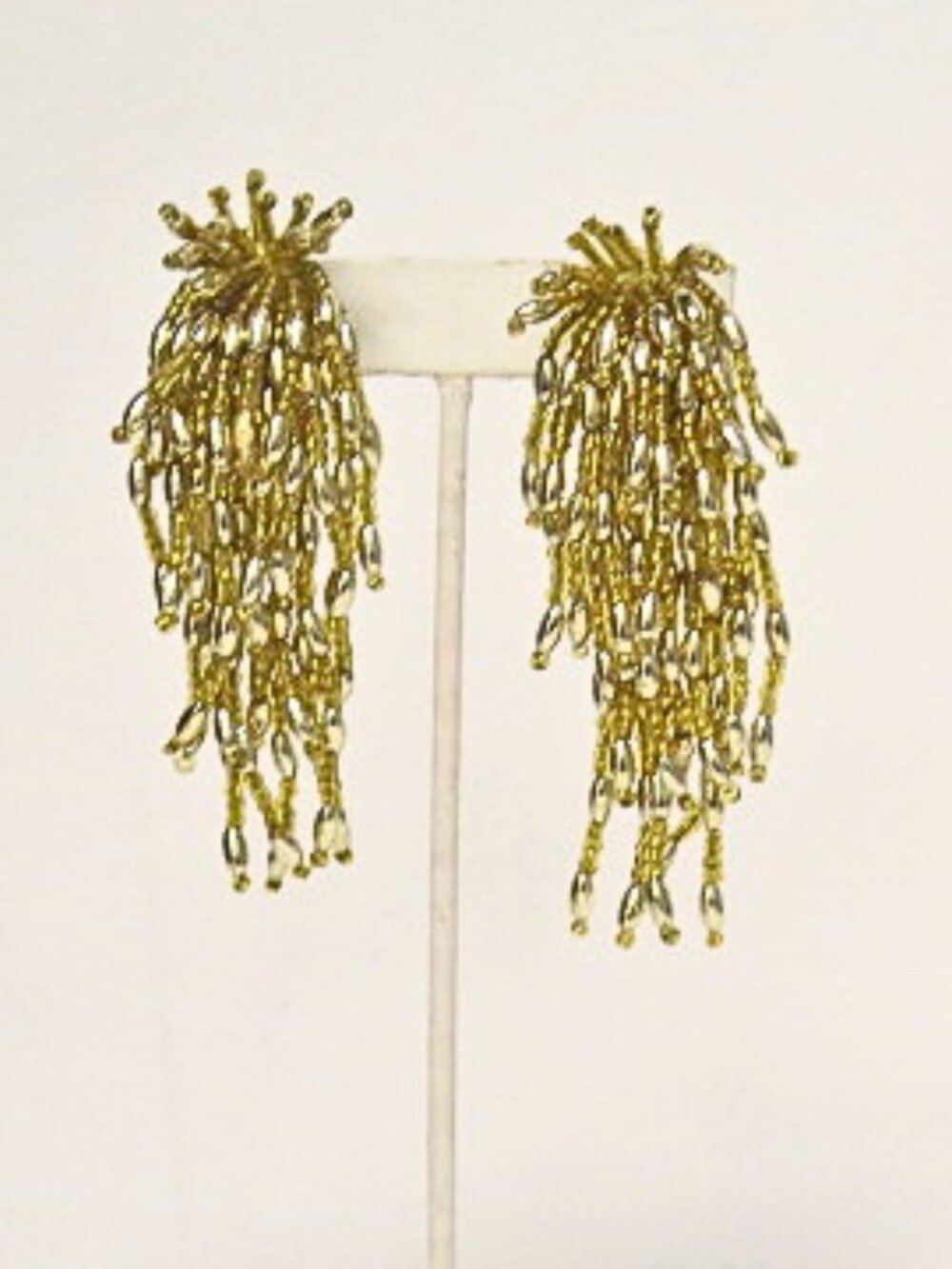 Vintage Gold Tone Waterfall Tassel Clip-On Earrings Statement Estate Jewelry